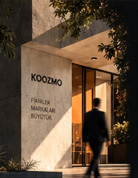 KOOZMO ofis girişi: logolu taş blok önünden geçen bir kişi
