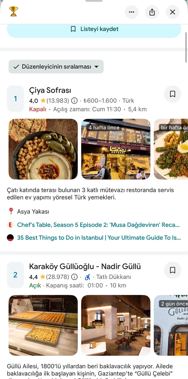 Google Haritalar'da bir editör listesinin örnek ekranı