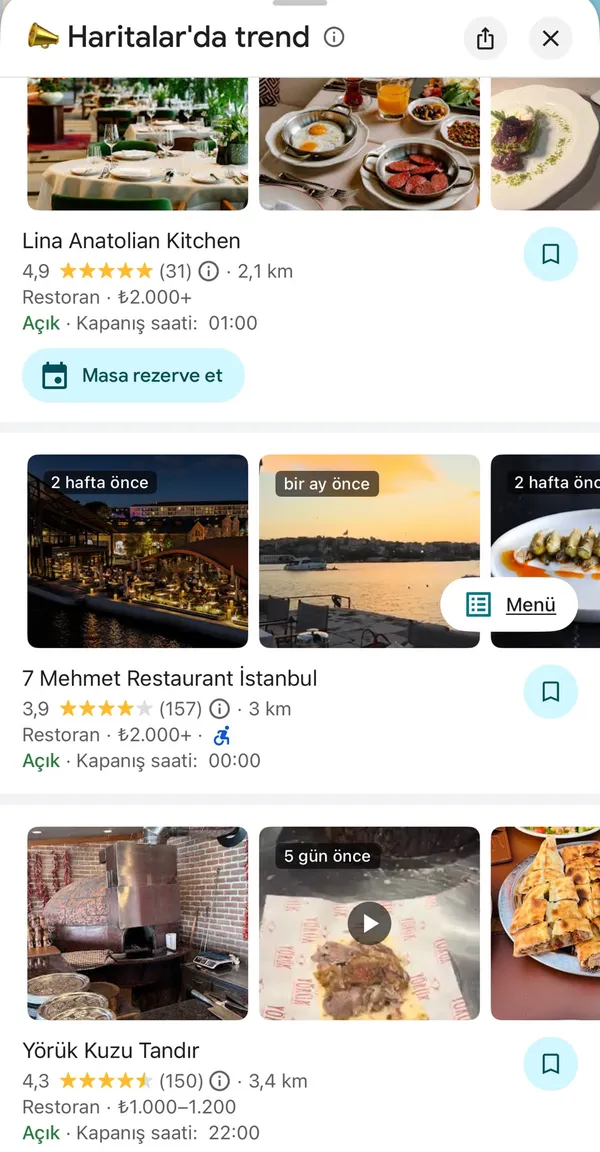 Google Haritalar'da trend olan işletmeler listesinin örnek ekranı