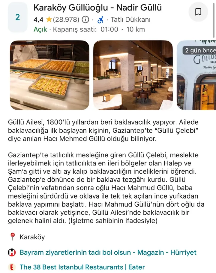Google Haritalar editör listesinde yer alan bir işletmenin kartı: yorumlar, fotoğraflar, açıklama ve yayın kaynakları