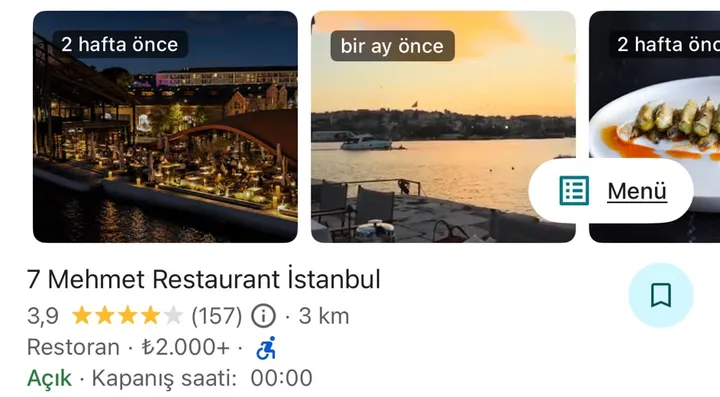 Google Haritalar işletme kartında Menü butonu örneği