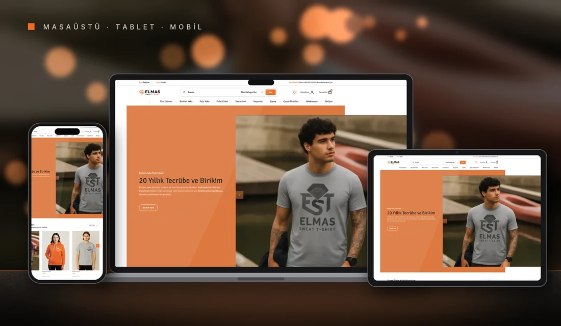 Baskı Tişört web sitesi tasarımı: masaüstü, tablet ve telefonda görünümü