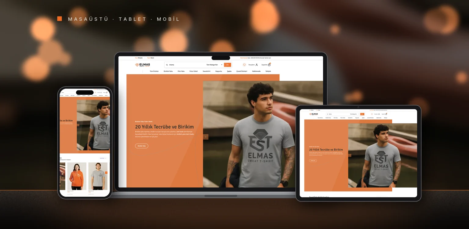 Baskı Tişört web sitesi tasarımı: masaüstü, tablet ve telefonda görünümü