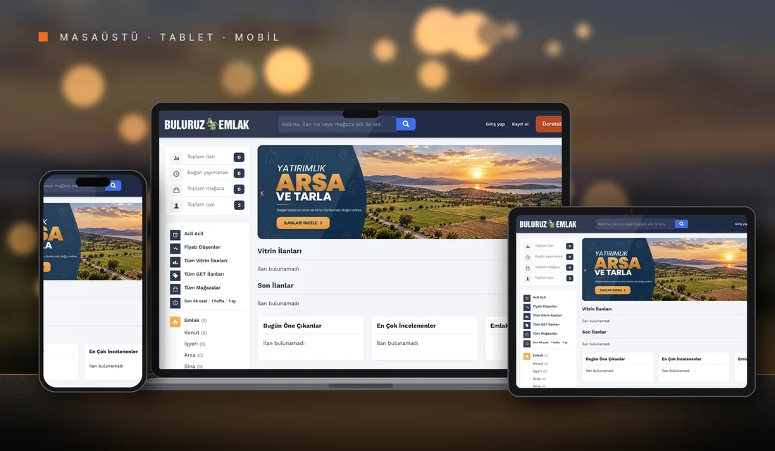 Buluruz Emlak web sitesi tasarımı: masaüstü, tablet ve telefonda görünümü