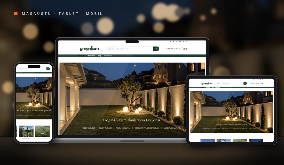 Greenlium web sitesi tasarımı: masaüstü, tablet ve telefonda görünümü