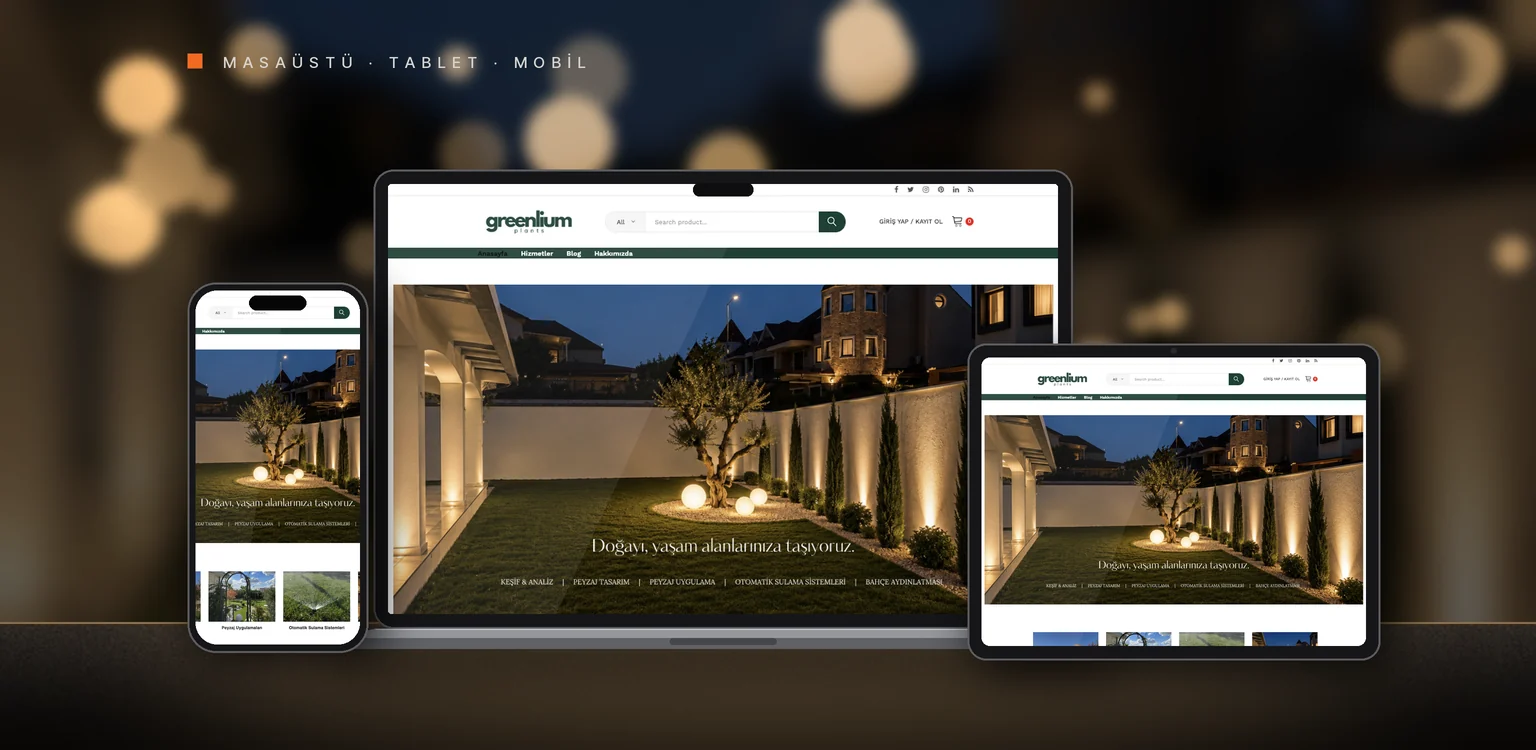 Greenlium web sitesi tasarımı: masaüstü, tablet ve telefonda görünümü