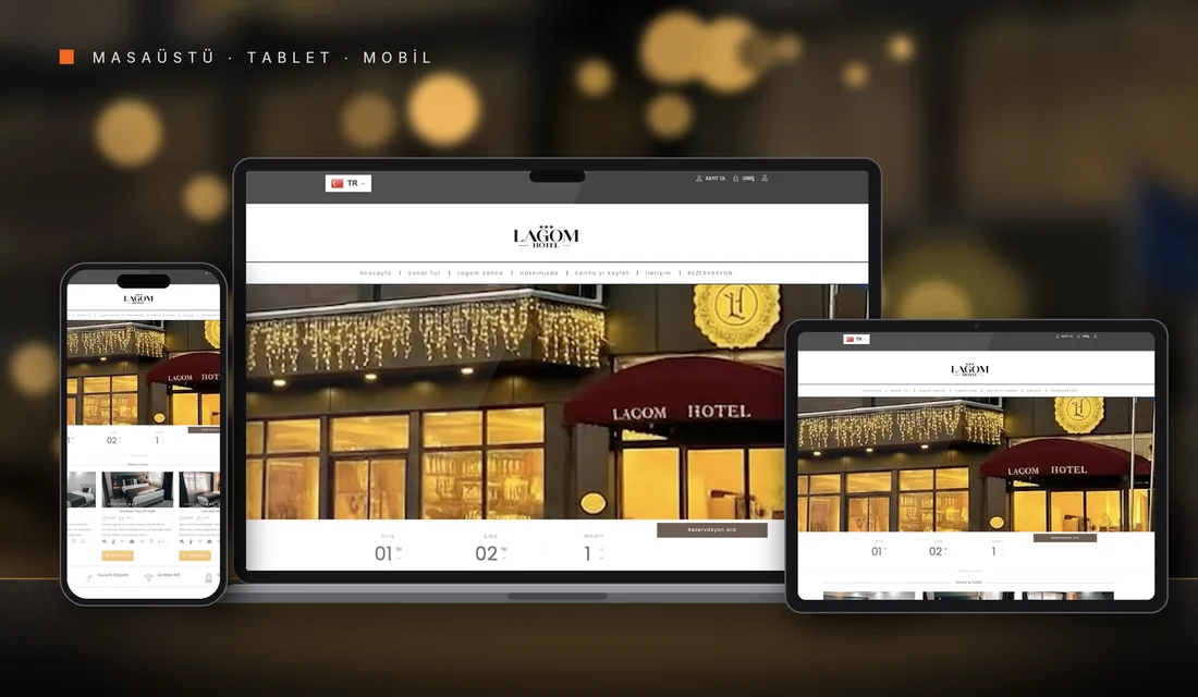 Lagom Hotel web sitesi tasarımı: masaüstü, tablet ve telefonda görünümü