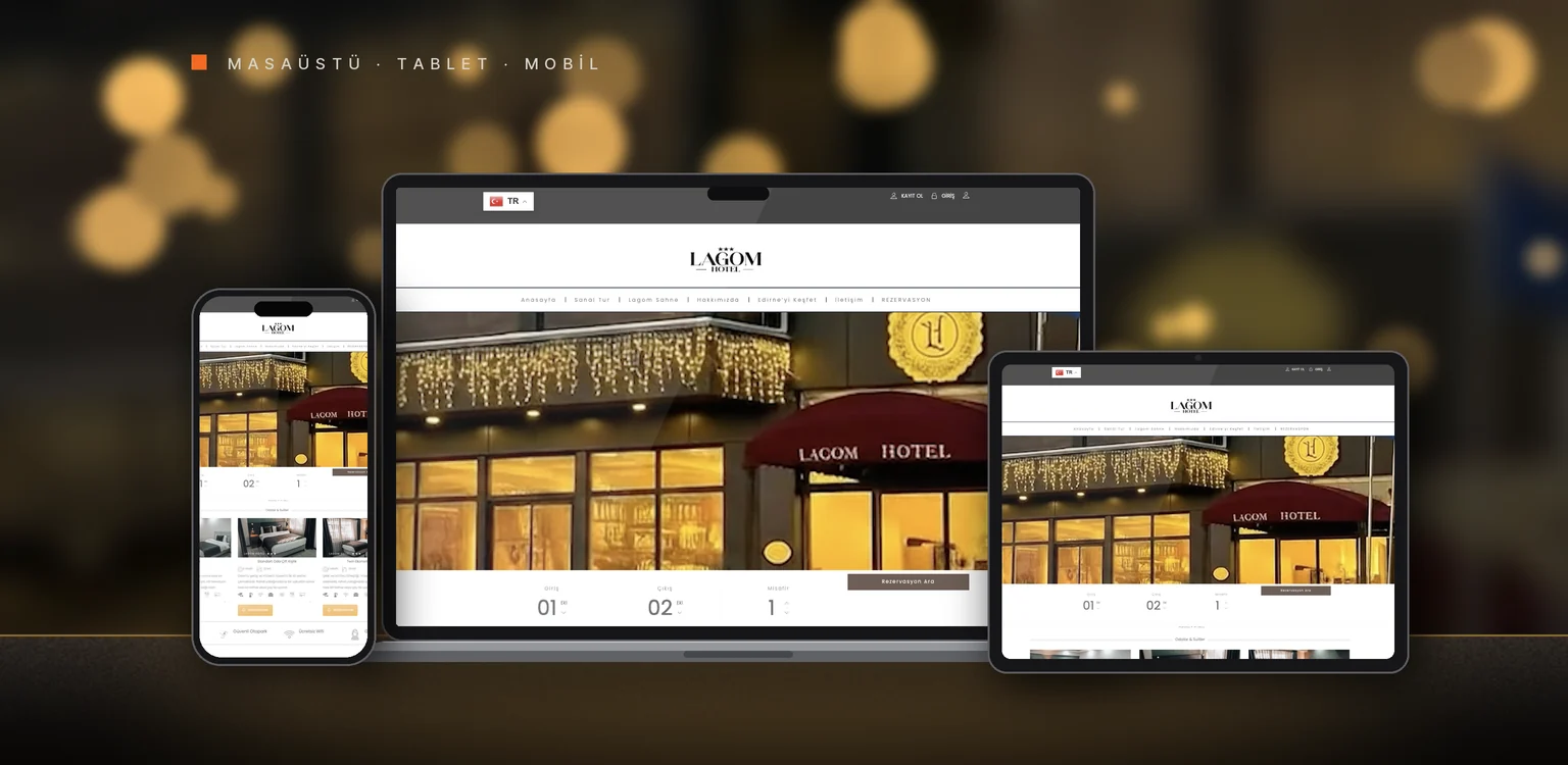 Lagom Hotel web sitesi tasarımı: masaüstü, tablet ve telefonda görünümü