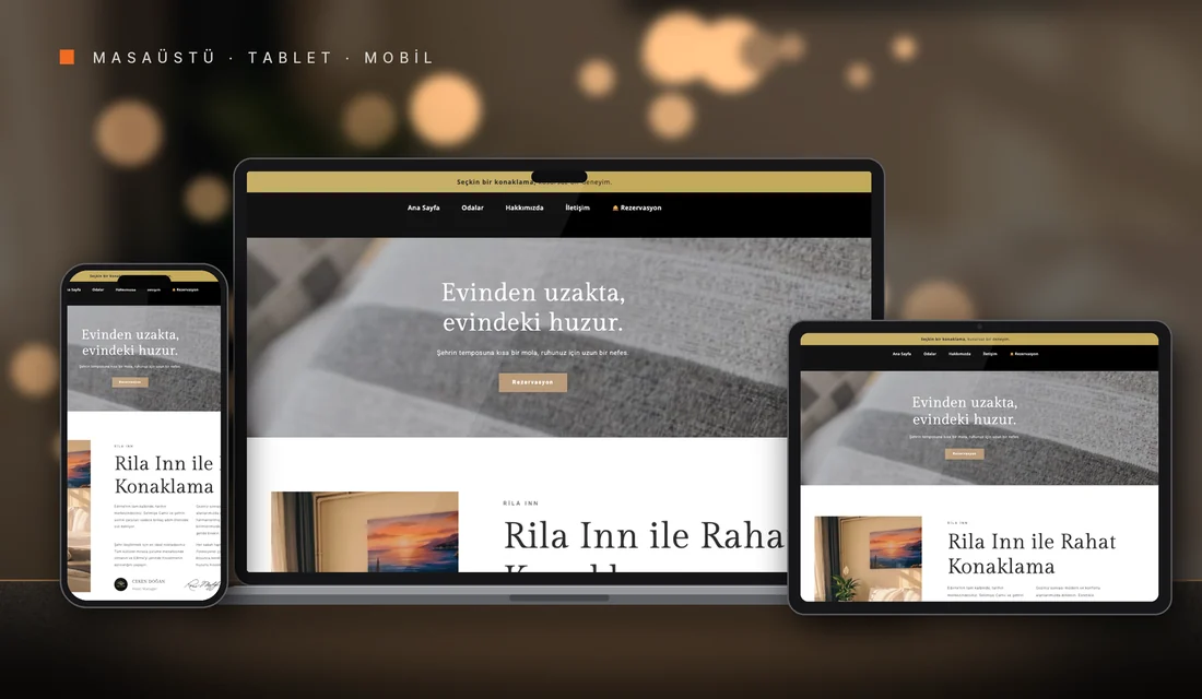 Rila Inn web sitesi tasarımı: masaüstü, tablet ve telefonda görünümü