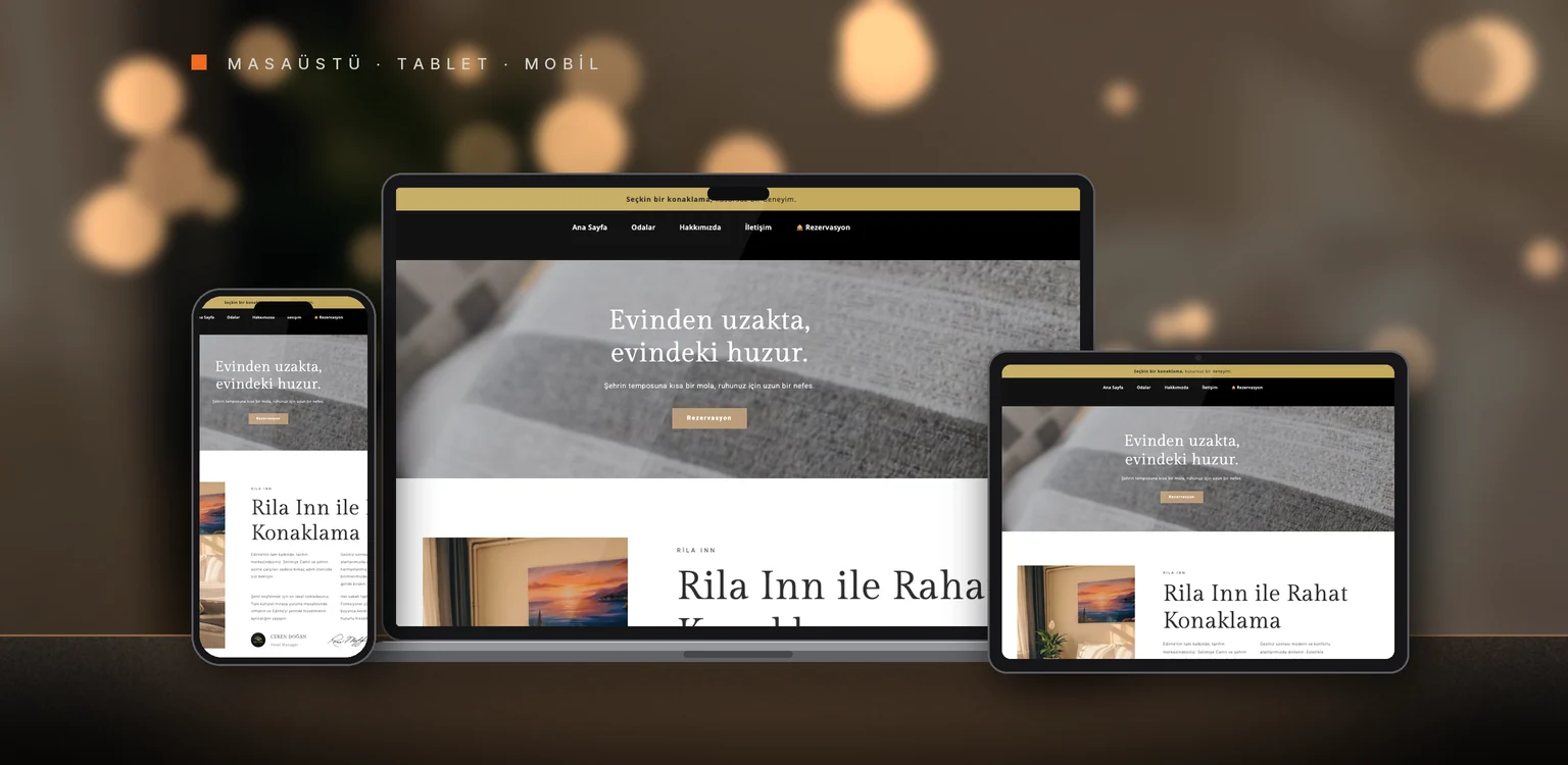 Rila Inn web sitesi tasarımı: masaüstü, tablet ve telefonda görünümü