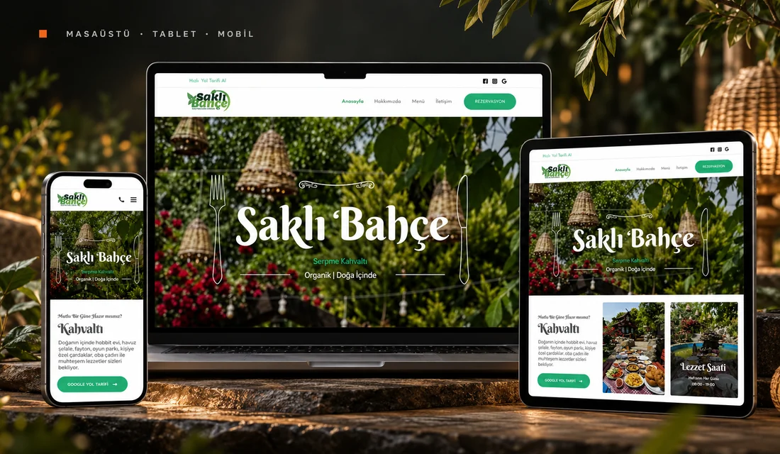 Saklı Bahçe web sitesi tasarımı: masaüstü, tablet ve telefonda görünümü