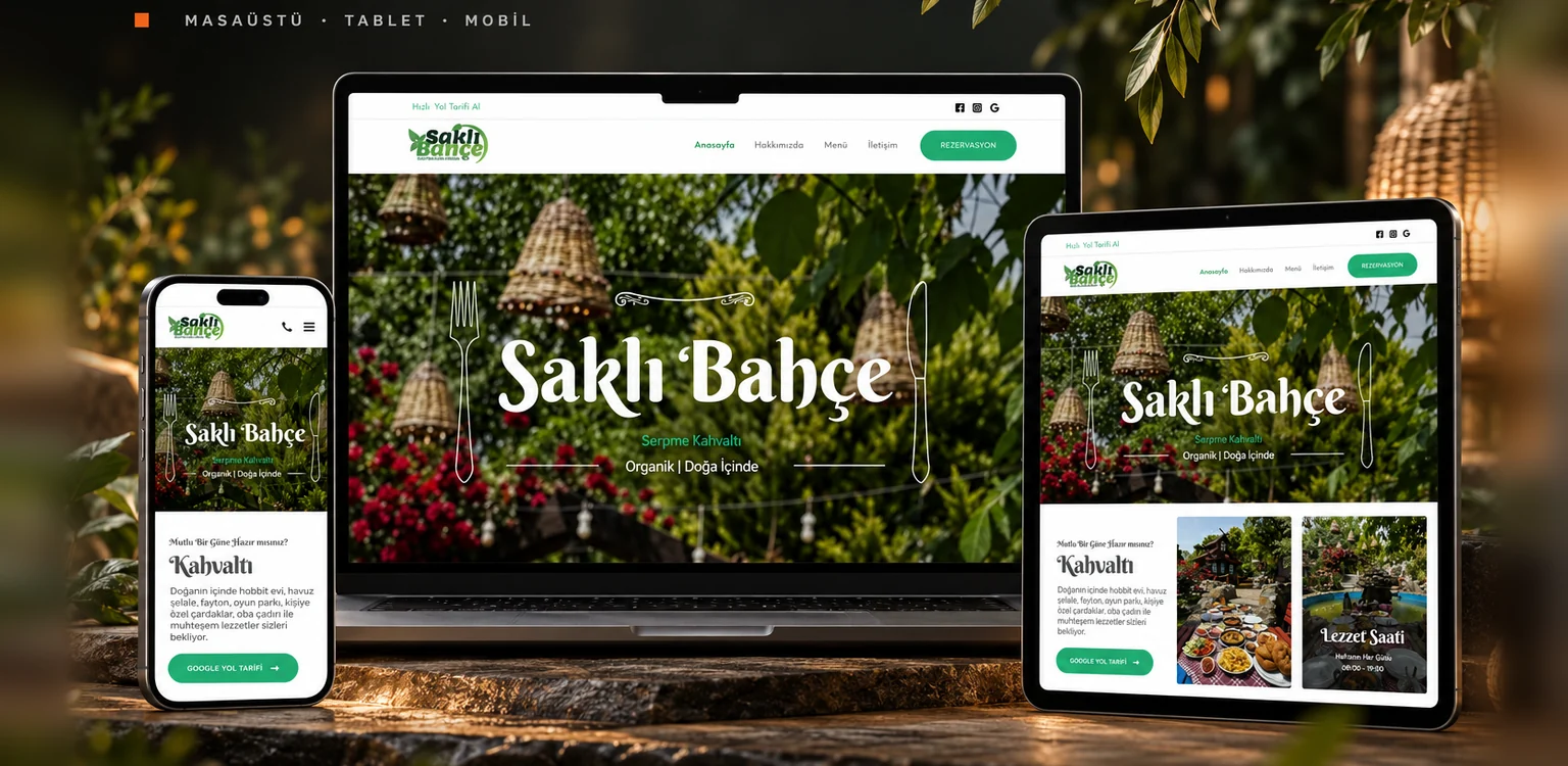 Saklı Bahçe web sitesi tasarımı: masaüstü, tablet ve telefonda görünümü