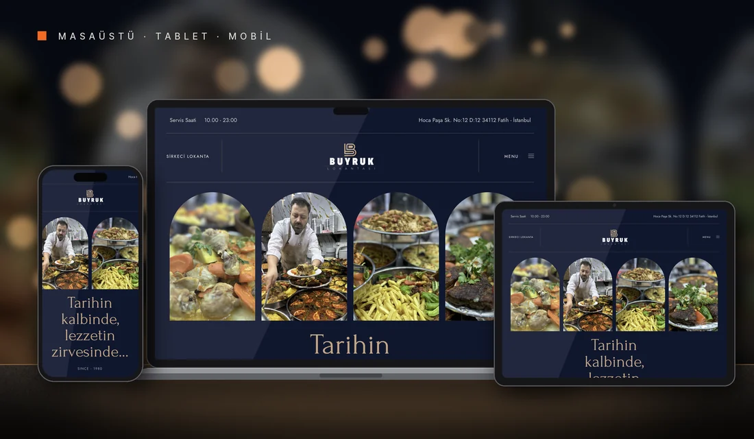Sirkeci Lokanta web sitesi tasarımı: masaüstü, tablet ve telefonda görünümü