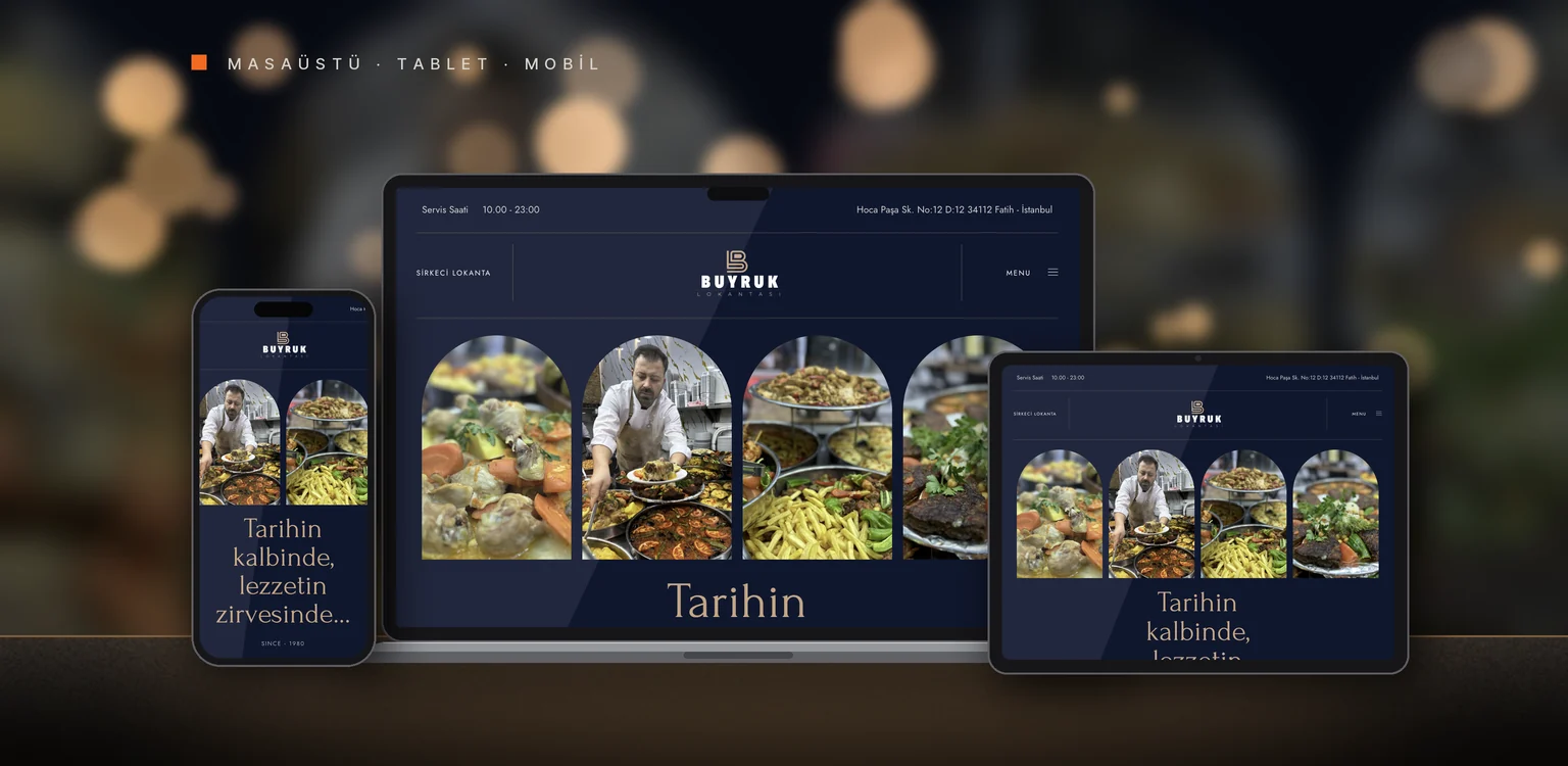 Sirkeci Lokanta web sitesi tasarımı: masaüstü, tablet ve telefonda görünümü