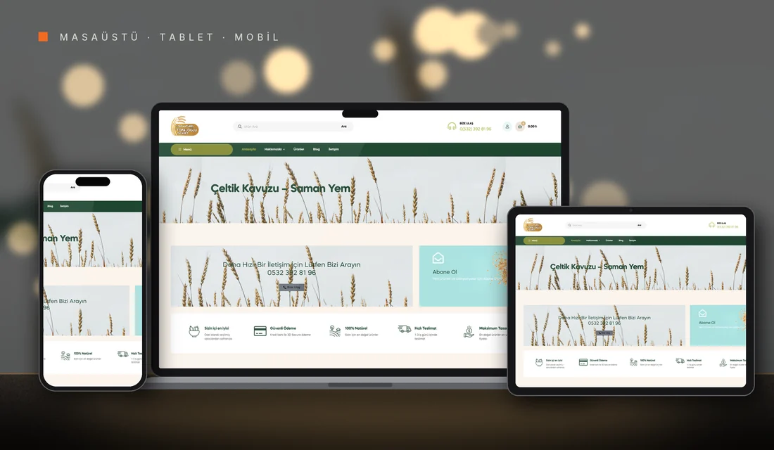Topaloğlu Ticaret web sitesi tasarımı: masaüstü, tablet ve telefonda görünümü