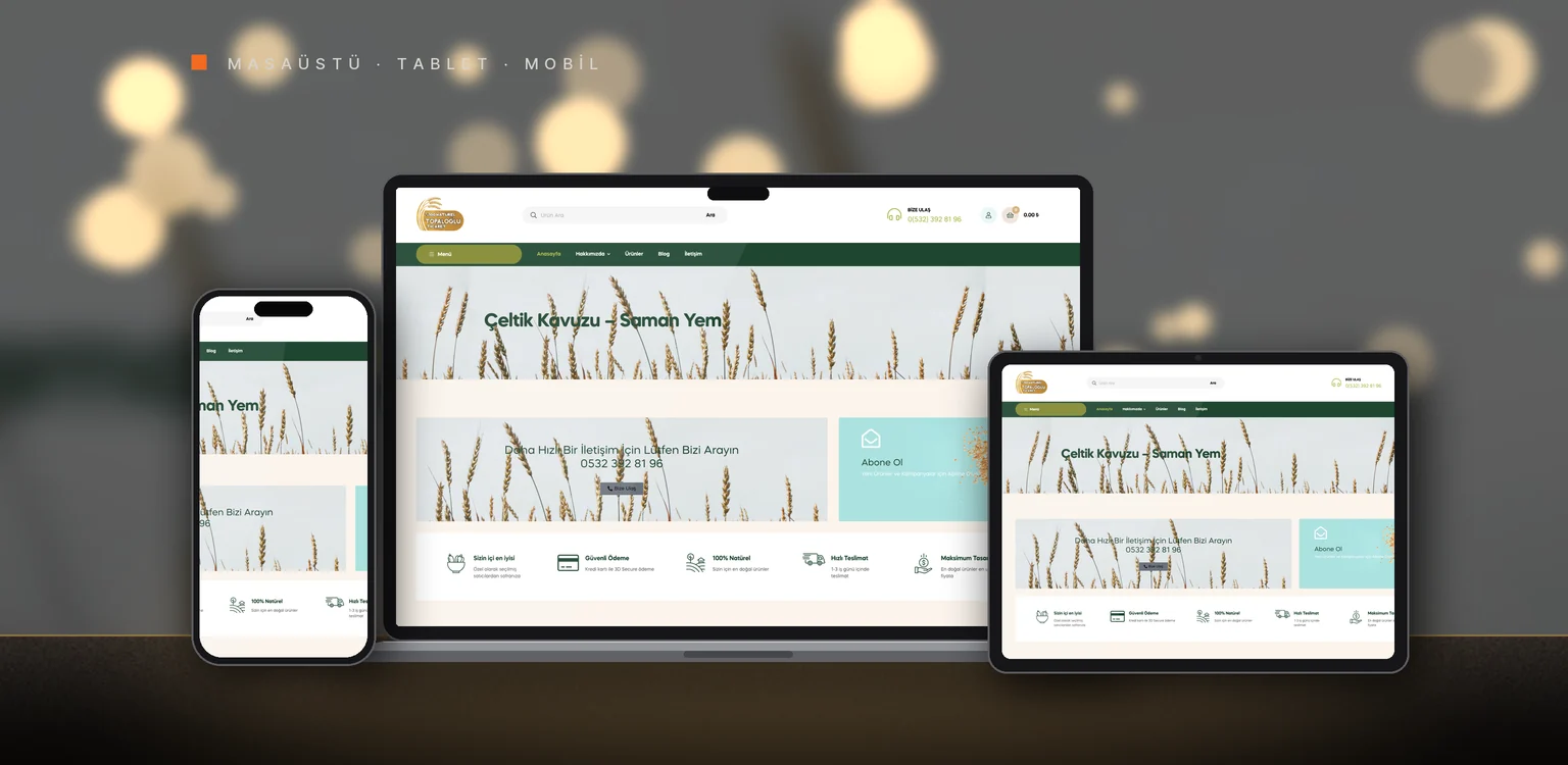 Topaloğlu Ticaret web sitesi tasarımı: masaüstü, tablet ve telefonda görünümü